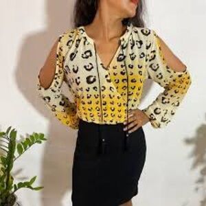 Nicole by Nicole Miller Yellow and Black Animal-Print Cold-Shoulder Midi Dress 4